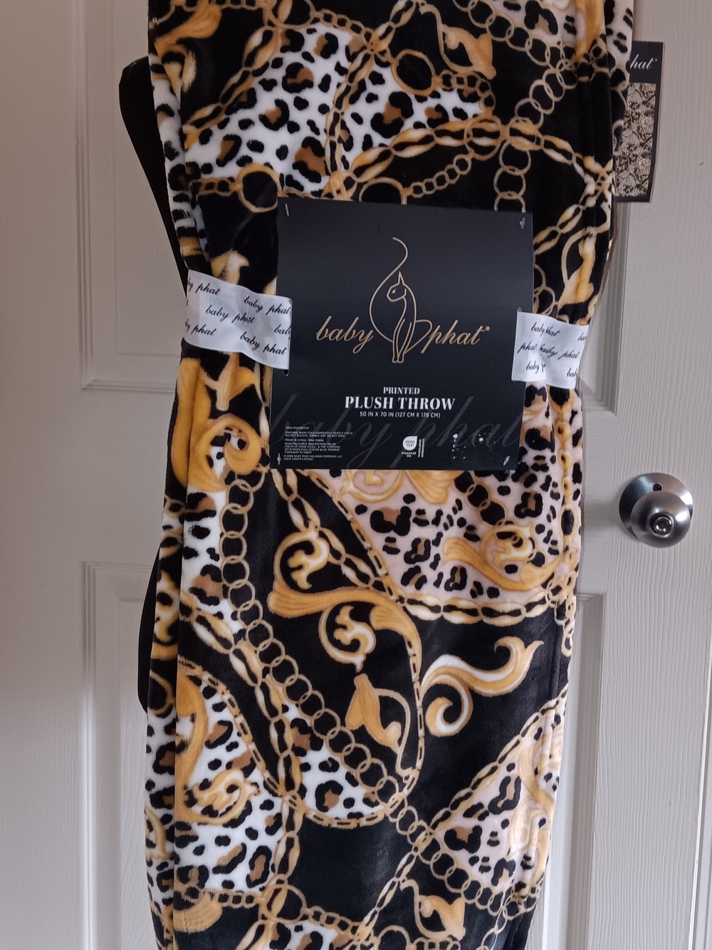 Baby Phat Black, Gold, and White Baroque & Leopard Print Throw New With Tags